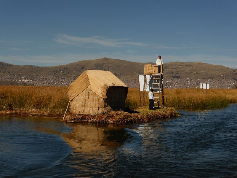 schilfinseln uros Schilf Titicacasee Haeuser auf der insel
