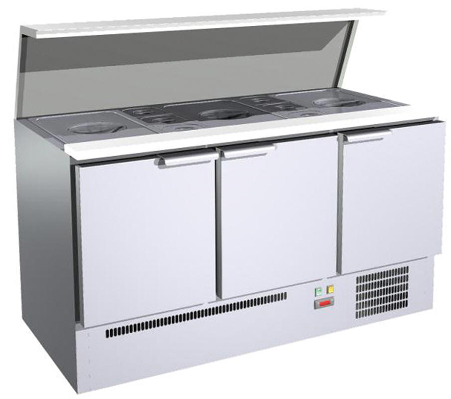 Pizzakühltisch Kühltisch Saladette  1365x700mm mit 3 Türen und Edelstahlaufbau 
