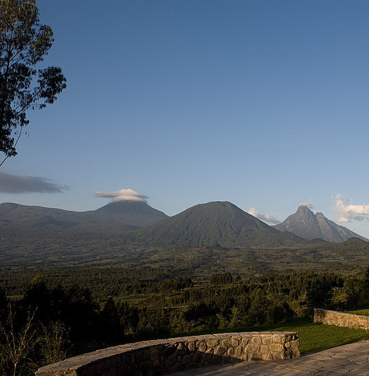 „Parc National des Volcanoes“ Blick von der Sabyinyo Silverback Lodge 
