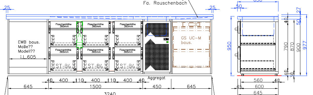 Thekenrohling mit Würfeleis 6 Züge und Spülmaschine